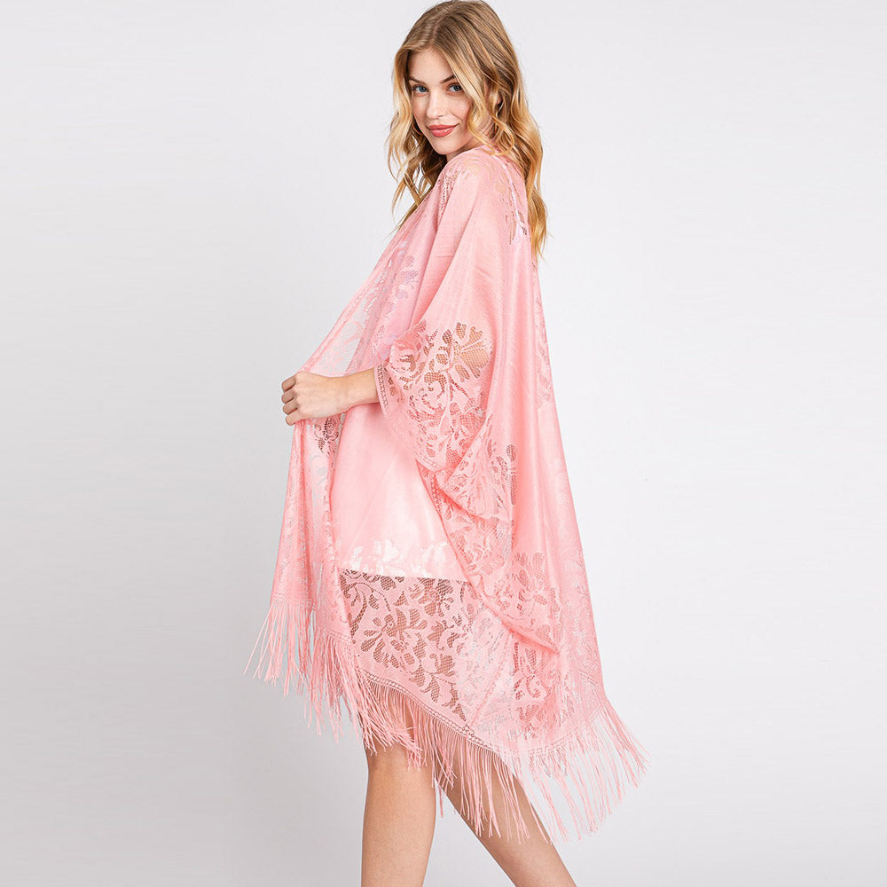 Madeline Love Pink Floral Lace Kimono With Tassel Poncho - Apparel - extra