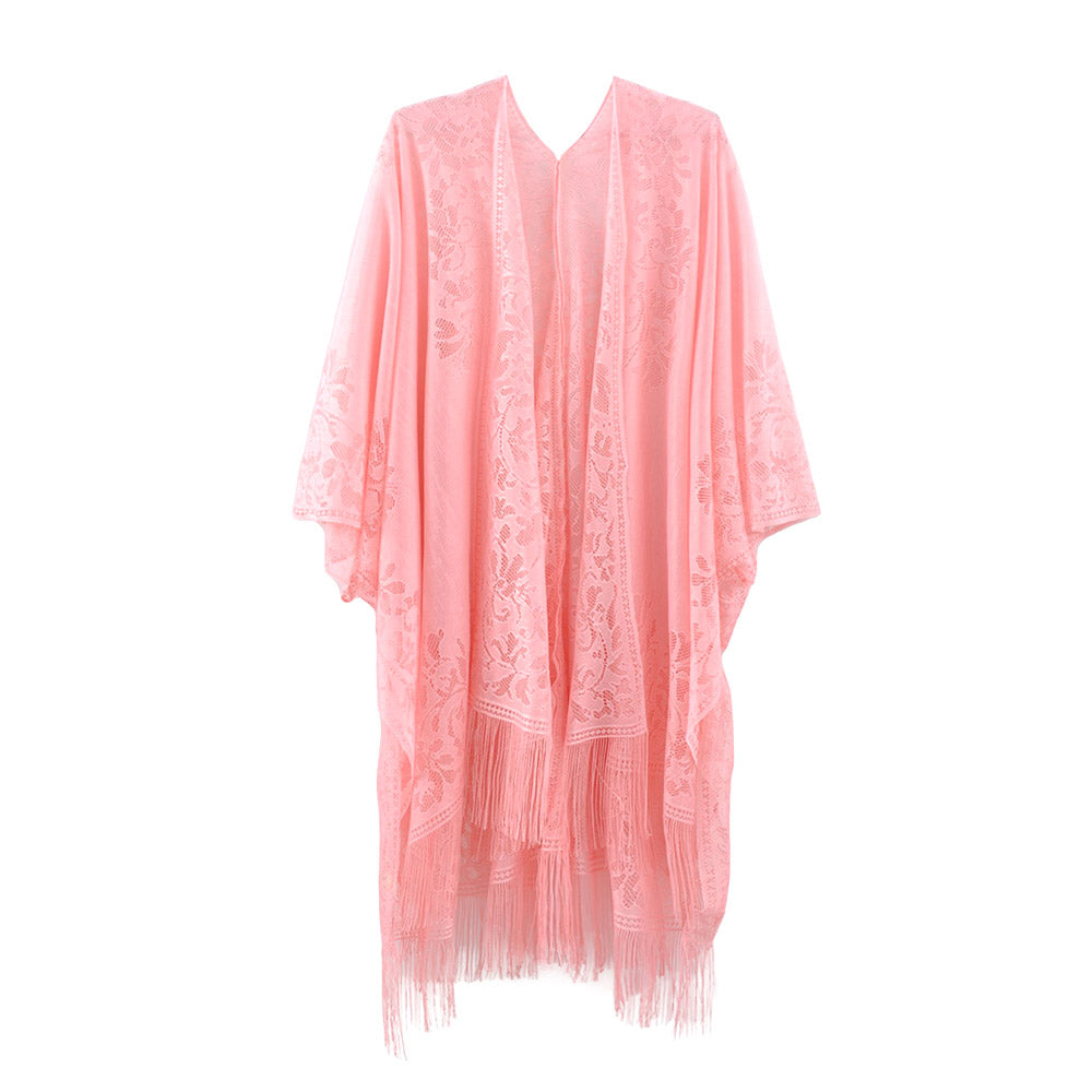 Madeline Love Pink Floral Lace Kimono With Tassel Poncho - Apparel - extra