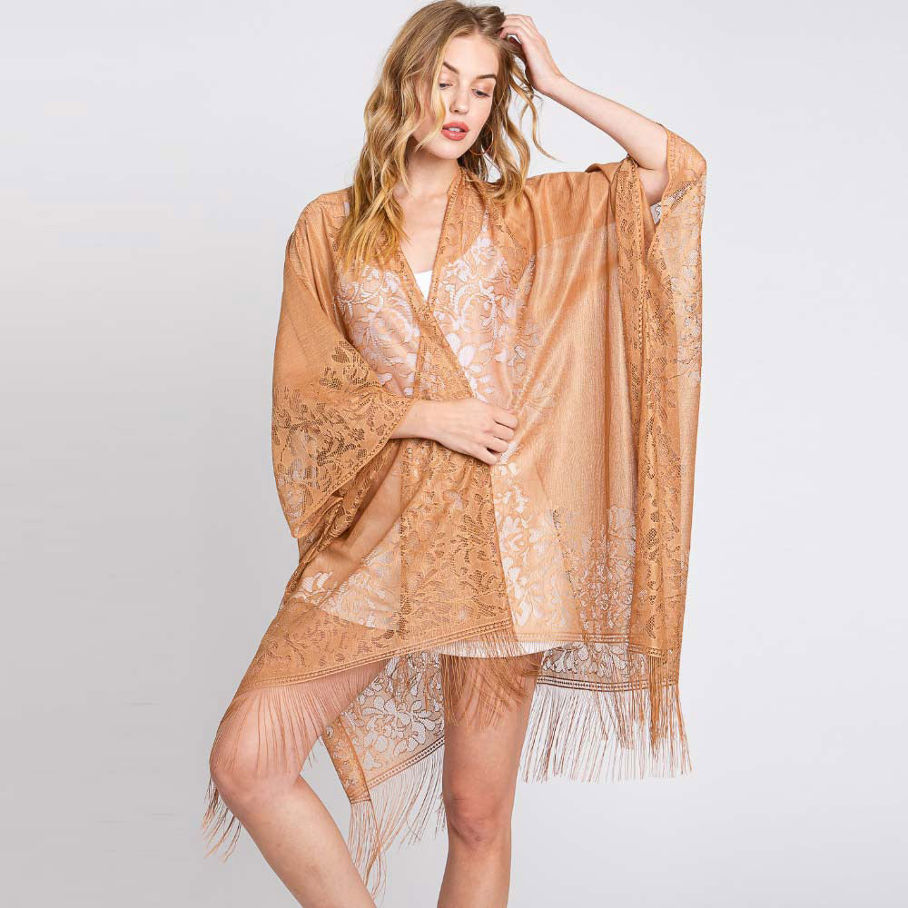 Madeline Love Taupe Floral Lace Kimono With Tassel Poncho - Apparel