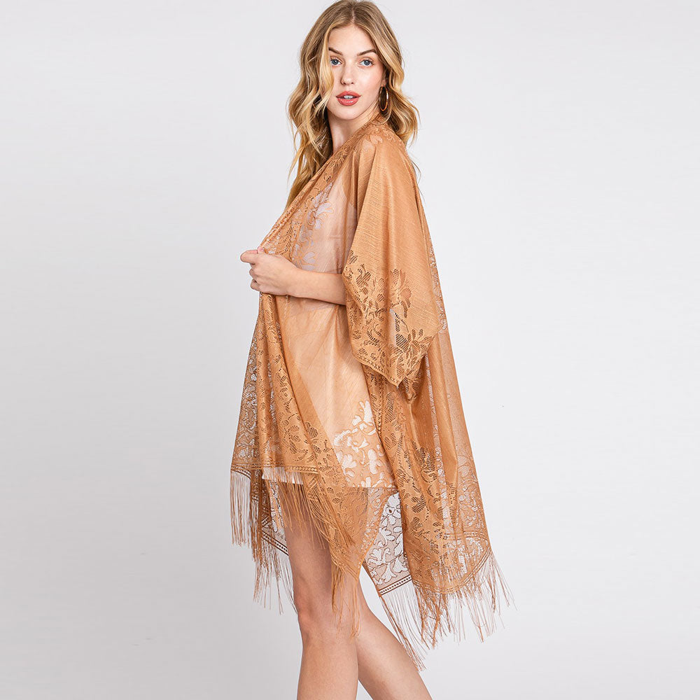 Madeline Love Taupe Floral Lace Kimono With Tassel Poncho - Apparel - desc