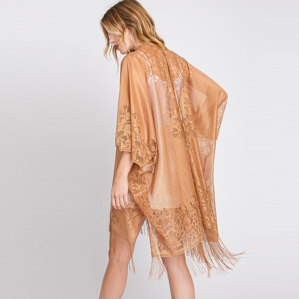 Madeline Love Taupe Floral Lace Kimono With Tassel Poncho - Apparel - extra