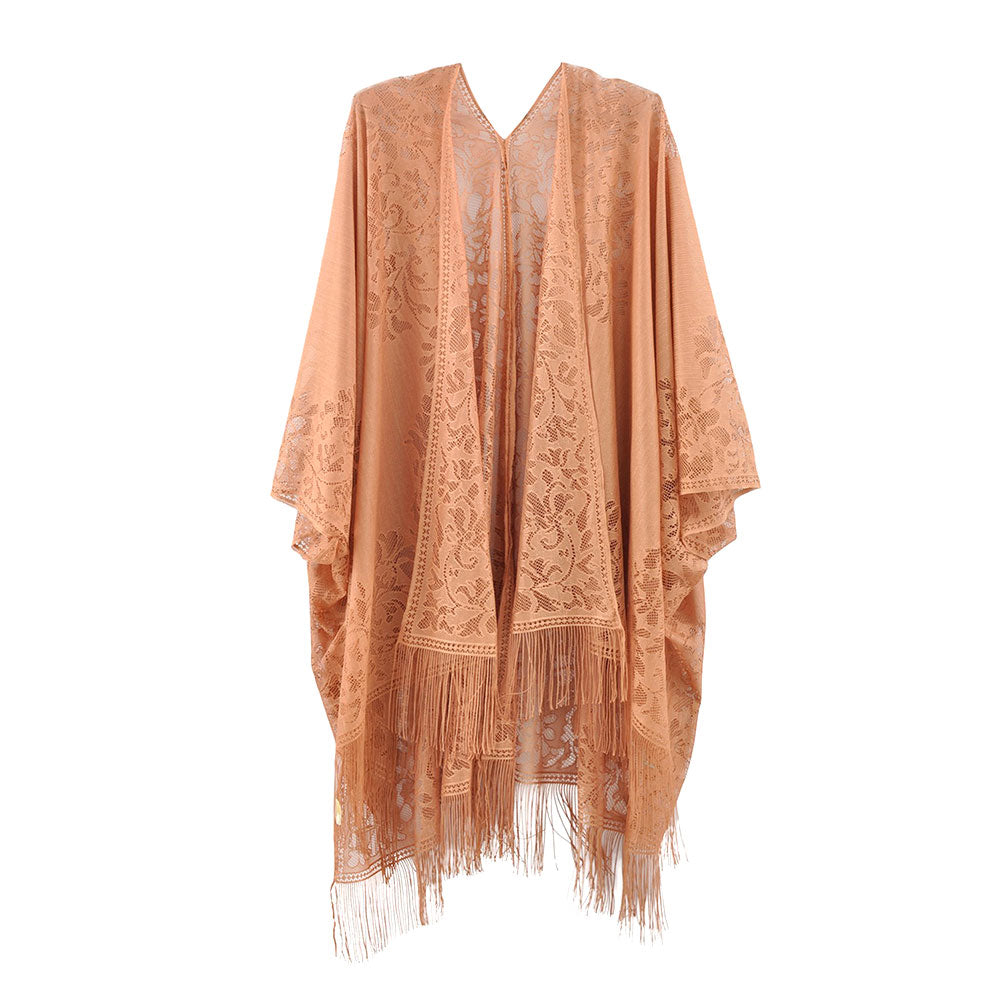 Madeline Love Taupe Floral Lace Kimono With Tassel Poncho - Apparel - extra