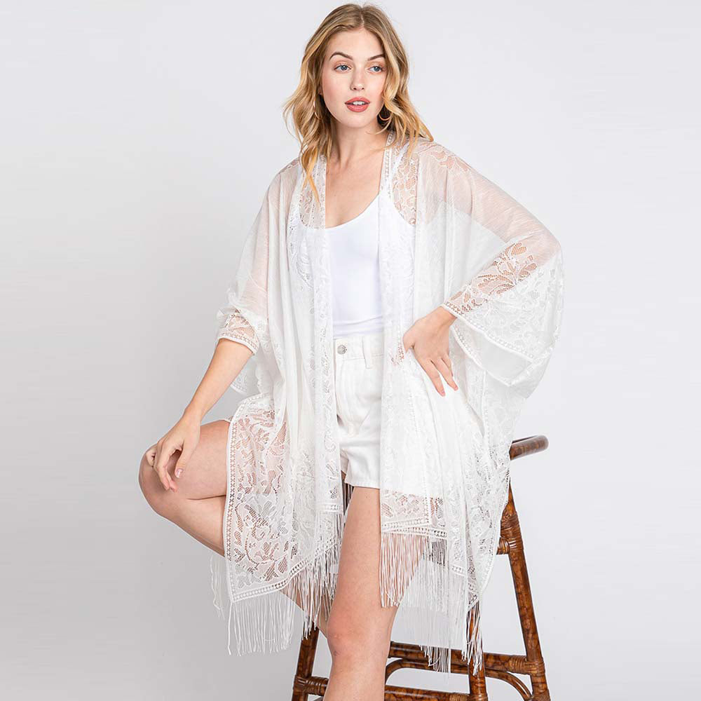 Madeline Love White Floral Lace Kimono With Tassel Poncho - Apparel