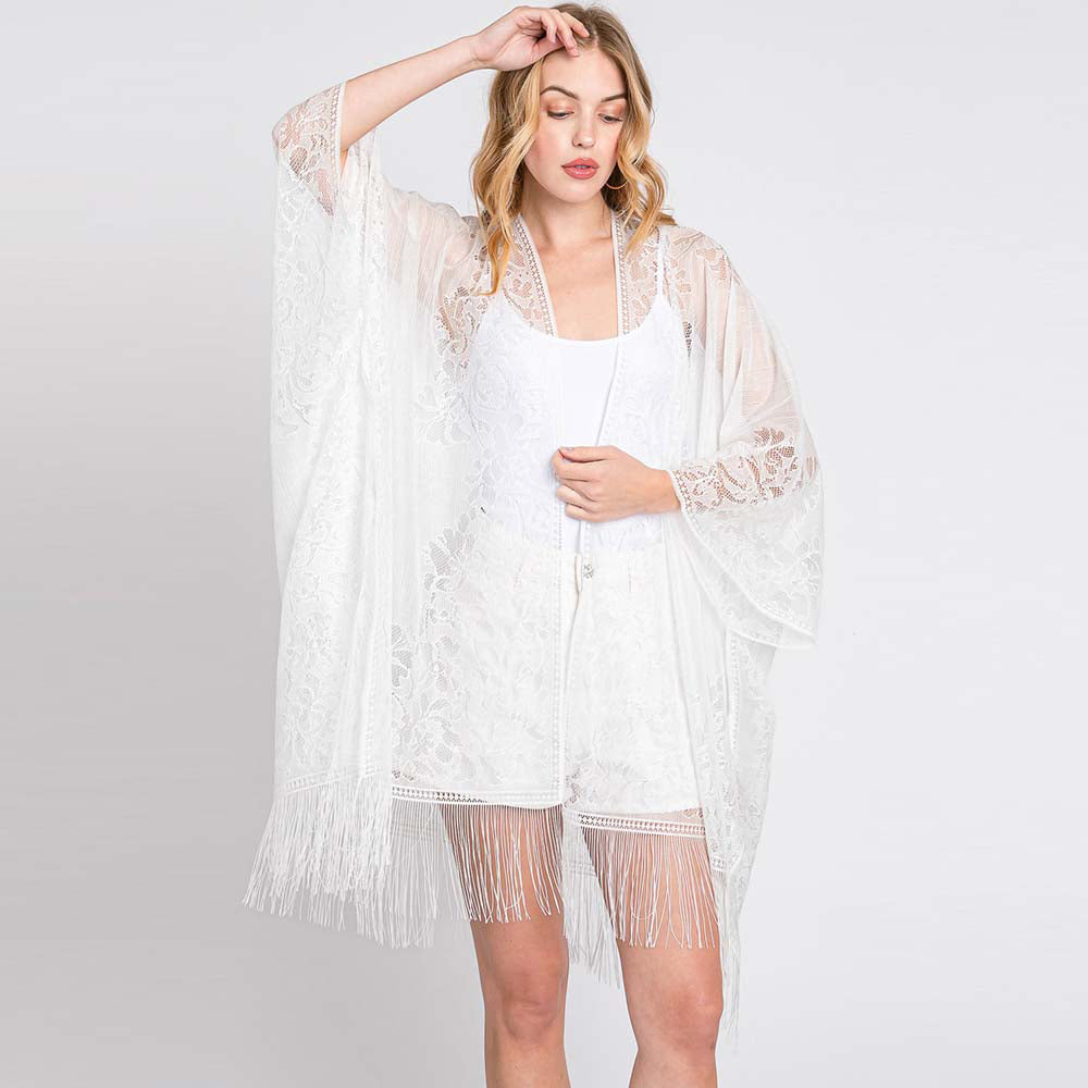 Madeline Love White Floral Lace Kimono With Tassel Poncho - Apparel - desc