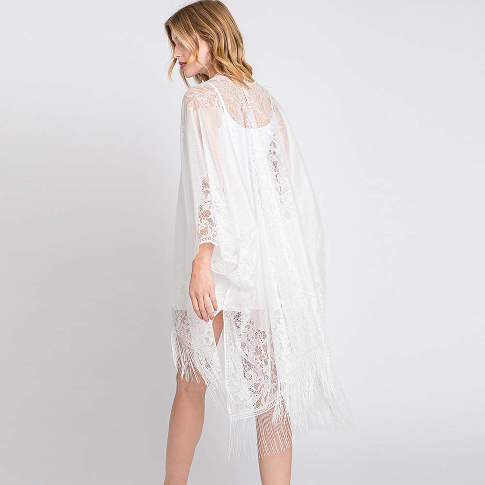 Madeline Love White Floral Lace Kimono With Tassel Poncho - Apparel - extra