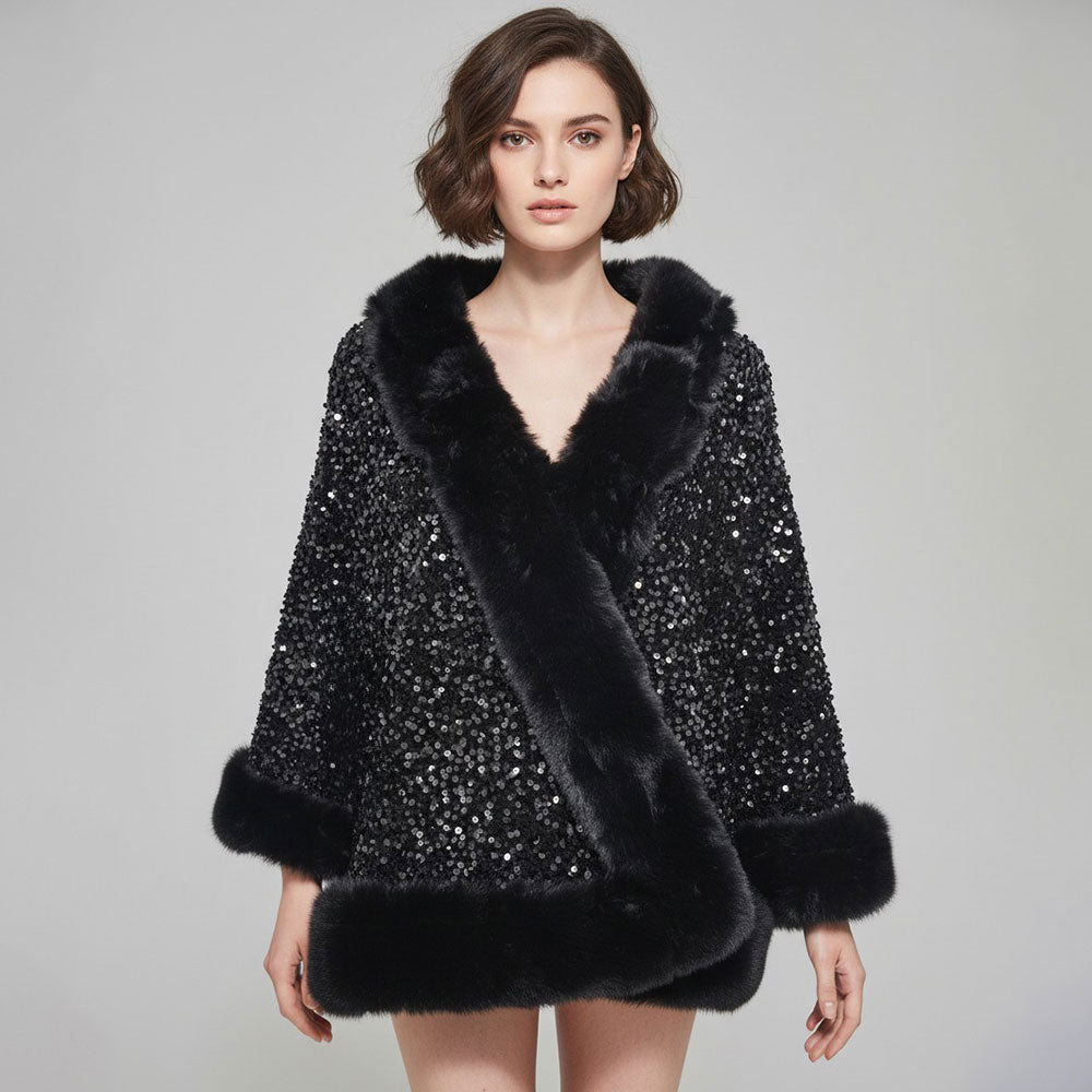 Madeline Love Black Festive Sequin Faux Fur Trim Shawl Poncho - Jewelry