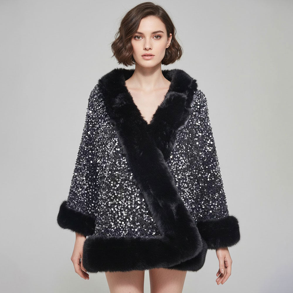 Madeline Love Black, Silver Festive Sequin Faux Fur Trim Shawl Poncho - Jewelry