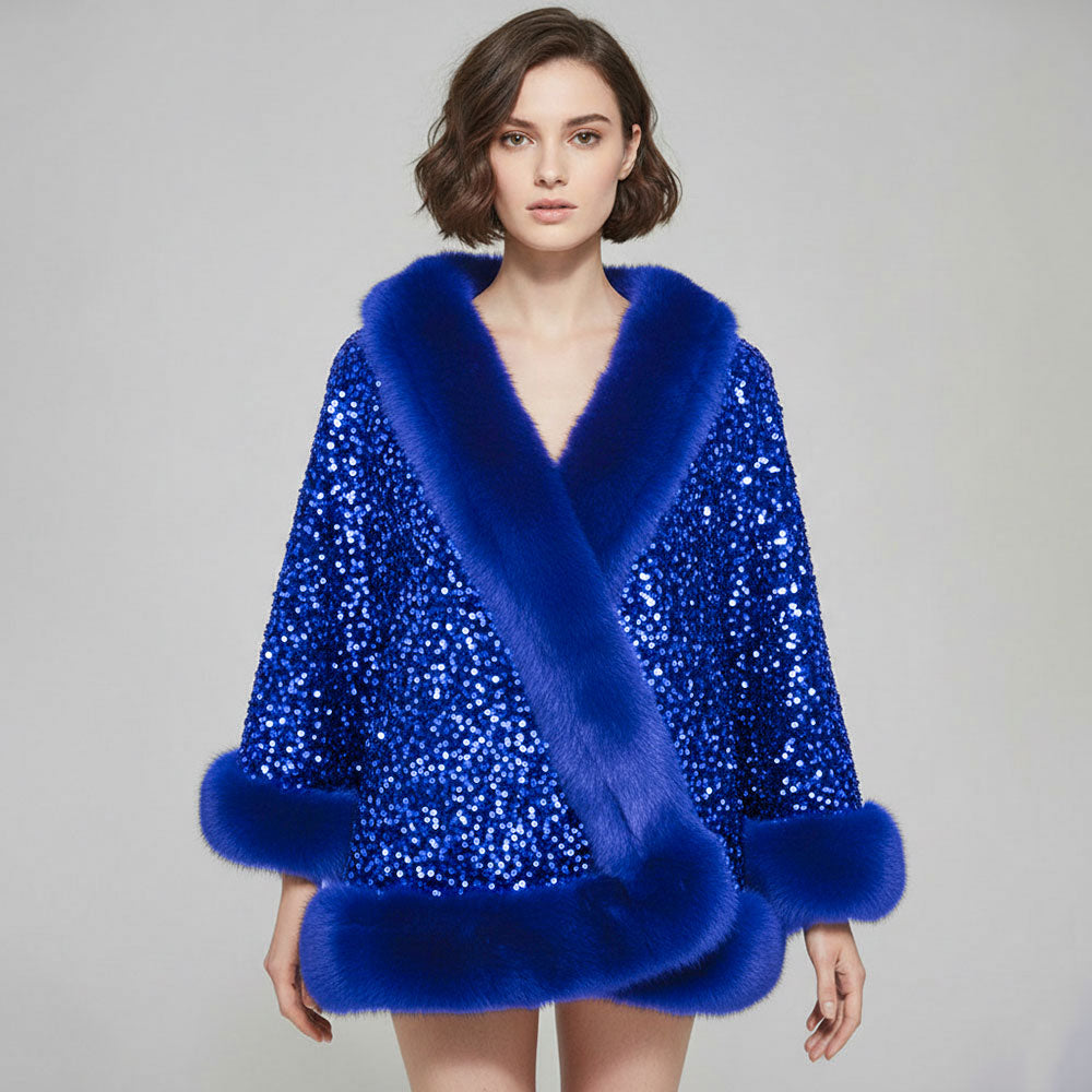 Madeline Love Royal Blue Festive Sequin Faux Fur Trim Shawl Poncho - Jewelry