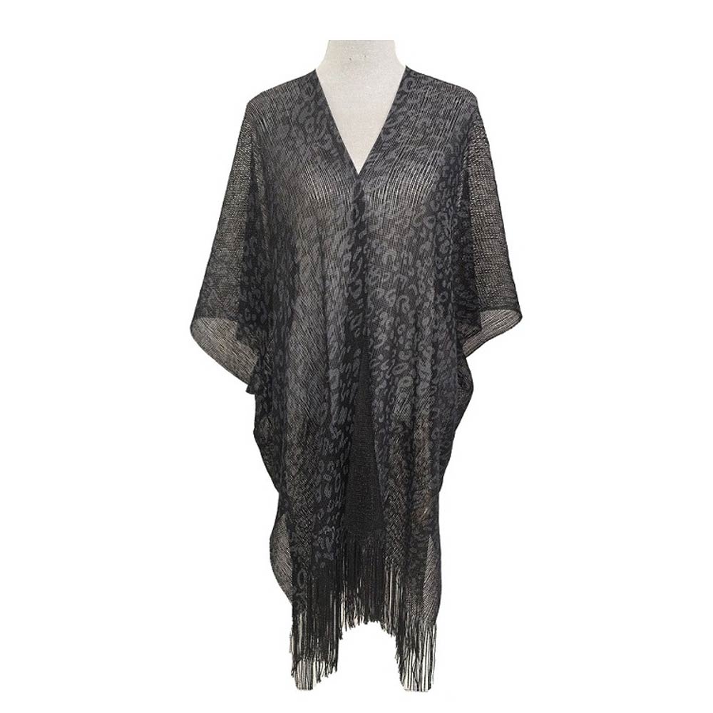 Madeline Love Black Lightweight Sheer Leopard Pattern Fringe Hem Kimono Cover Up - Apparel - desc