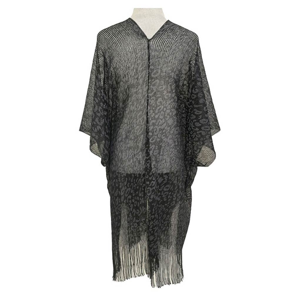 Madeline Love Black Lightweight Sheer Leopard Pattern Fringe Hem Kimono Cover Up - Apparel - extra