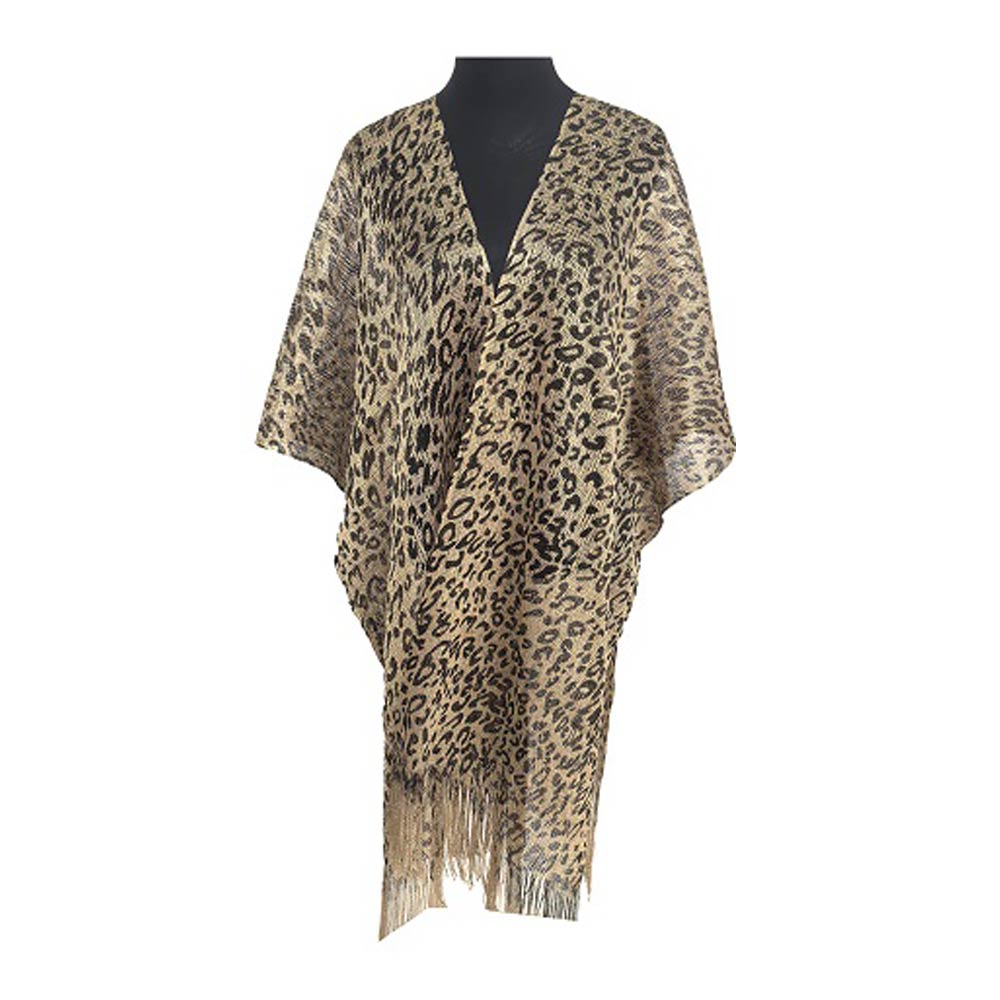 Madeline Love Gold Lightweight Sheer Leopard Pattern Fringe Hem Kimono Cover Up - Apparel - desc