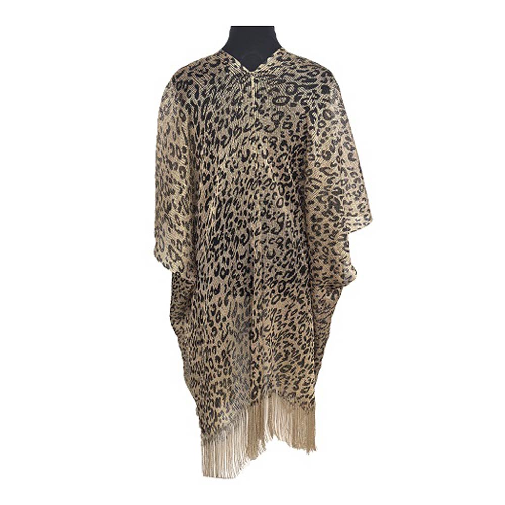 Madeline Love Gold Lightweight Sheer Leopard Pattern Fringe Hem Kimono Cover Up - Apparel - extra