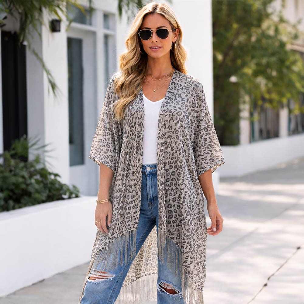 Madeline Love Silver Lightweight Sheer Leopard Pattern Fringe Hem Kimono Cover Up - Apparel