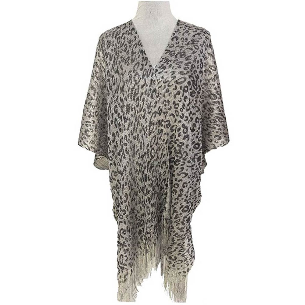 Madeline Love Silver Lightweight Sheer Leopard Pattern Fringe Hem Kimono Cover Up - Apparel - desc