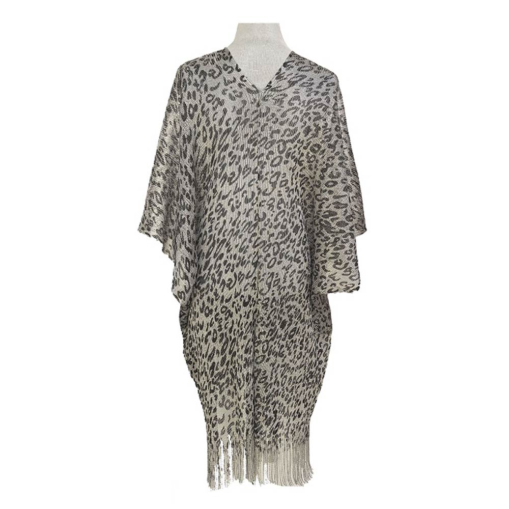Madeline Love Silver Lightweight Sheer Leopard Pattern Fringe Hem Kimono Cover Up - Apparel - extra