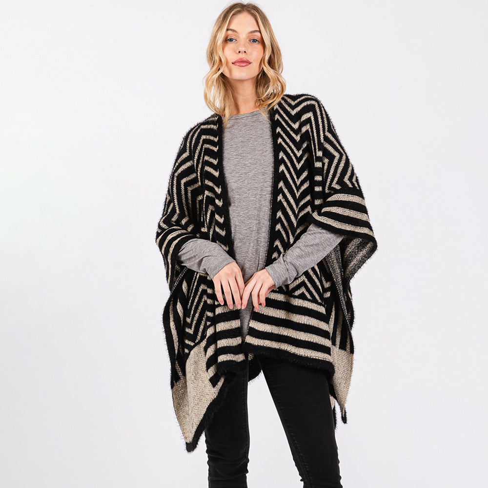 Black Fuzzy Chevron Pattern Ruana Poncho