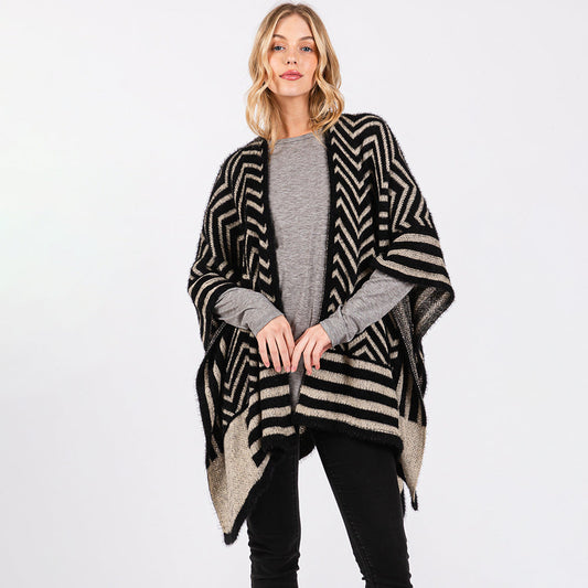 Black Fuzzy Chevron Pattern Ruana Poncho