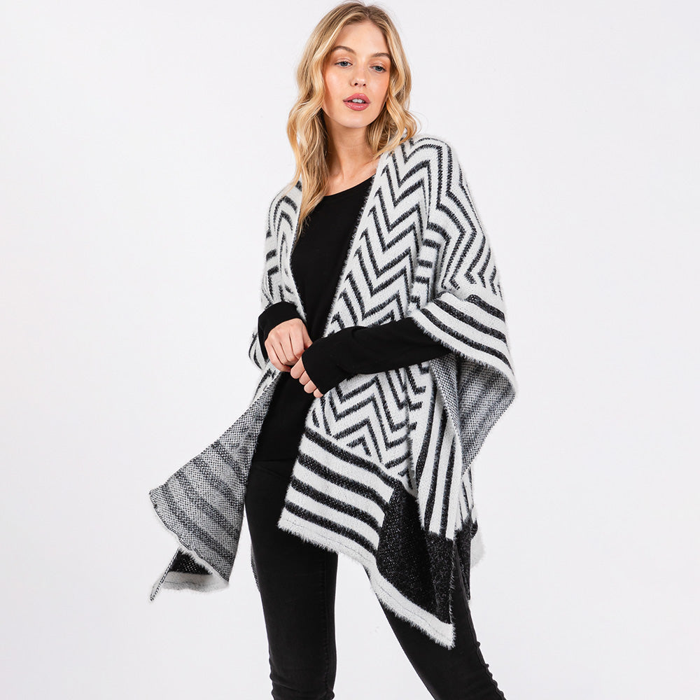 Ivory Fuzzy Chevron Pattern Ruana Poncho