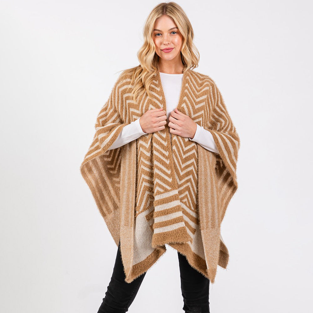 Taupe Fuzzy Chevron Pattern Ruana Poncho
