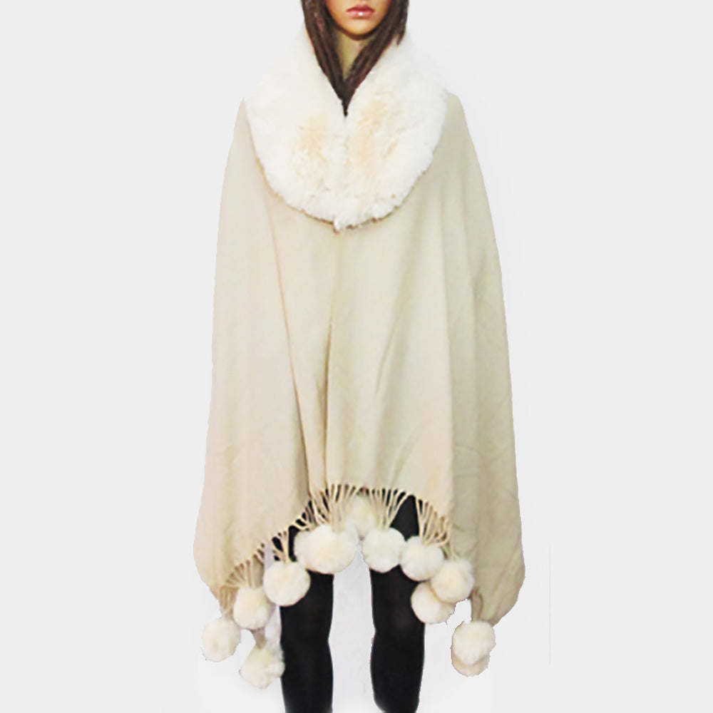 Ivory Faux Fur Collar and Pom Pom Dangle Poncho