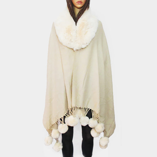 Ivory Faux Fur Collar and Pom Pom Dangle Poncho