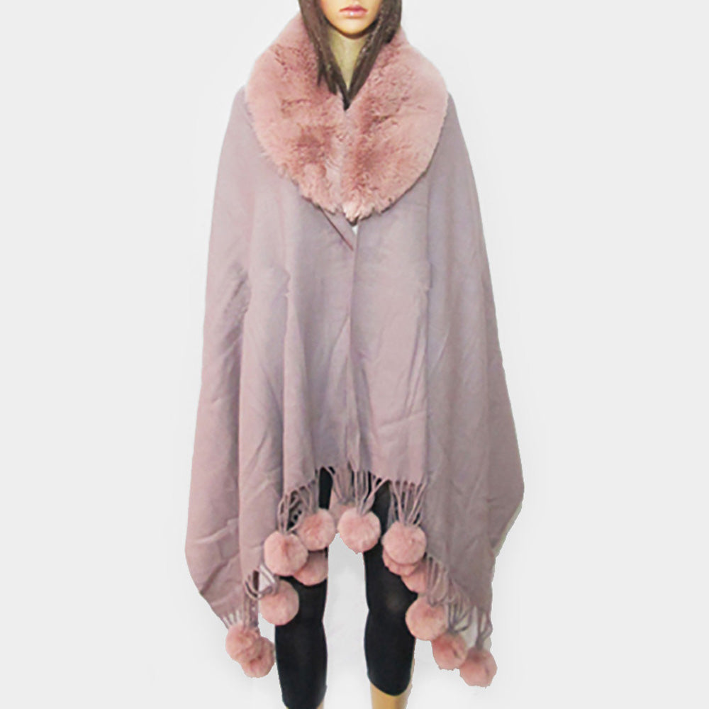 Lavender Faux Fur Collar and Pom Pom Dangle Poncho