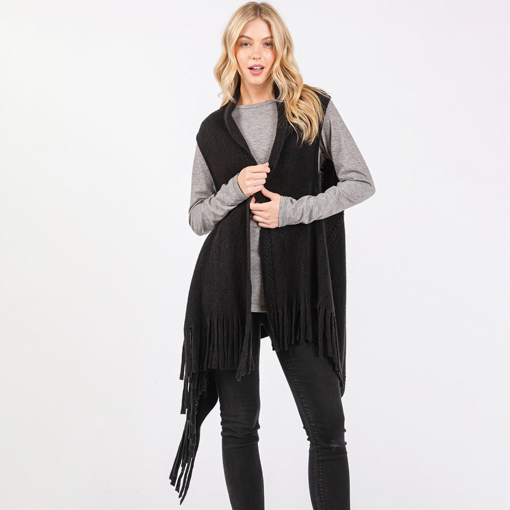 Black Embossed Dotted Line Tassel Knit Vest