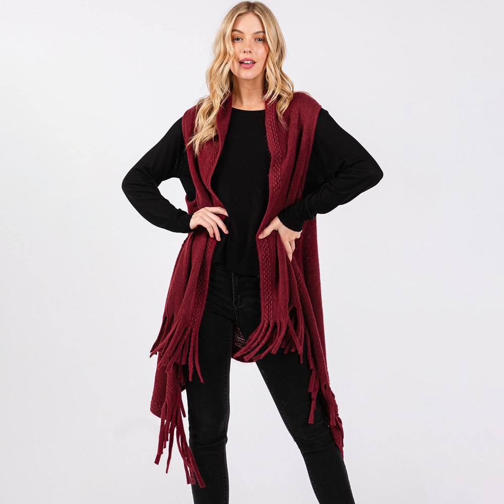 Burgundy Embossed Dotted Line Tassel Knit Vest