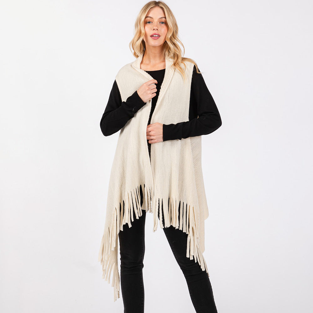 Ivory Embossed Dotted Line Tassel Knit Vest