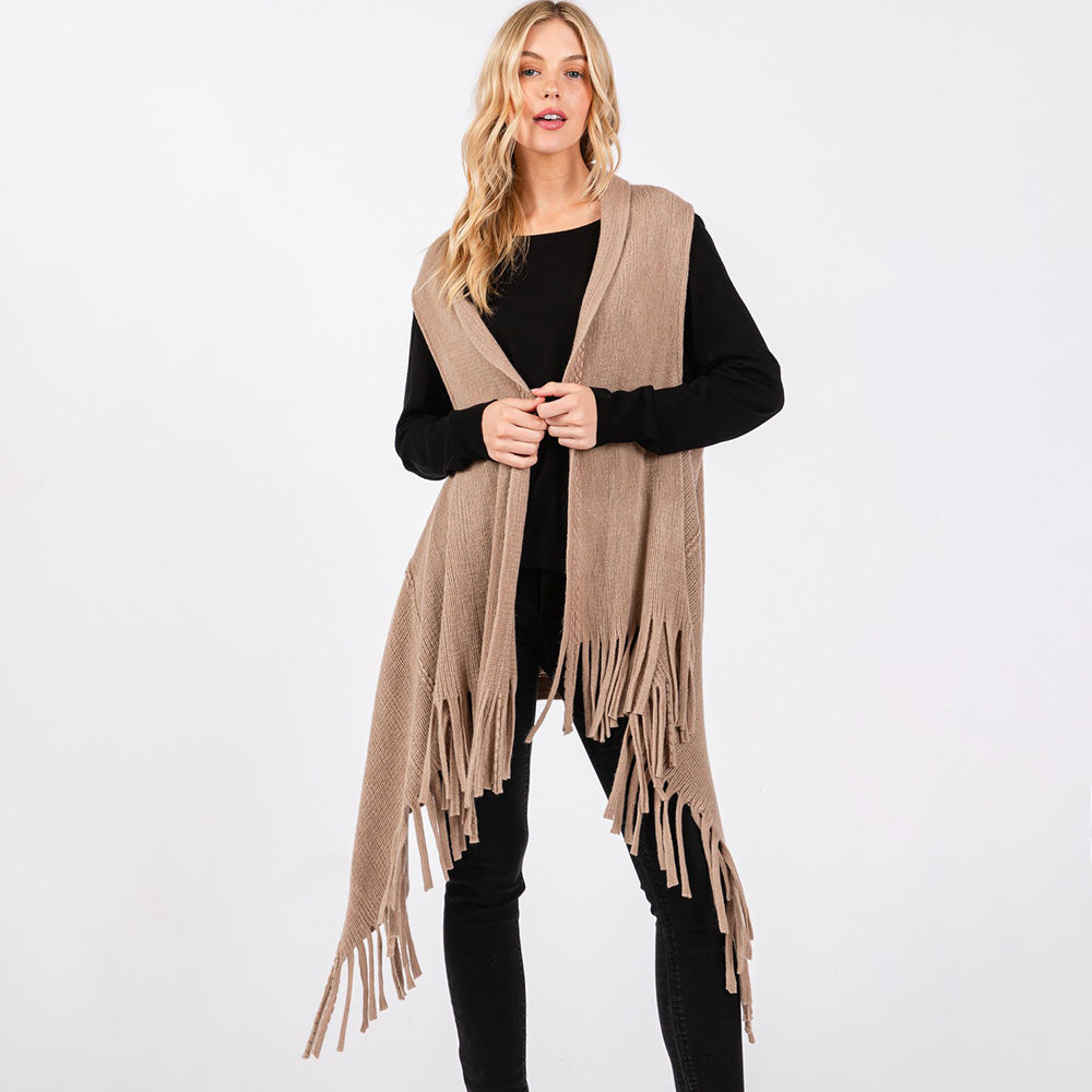 Taupe Embossed Dotted Line Tassel Knit Vest