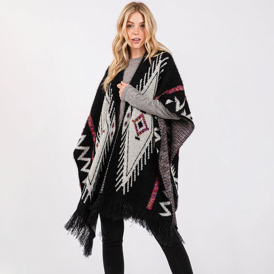 Black Fuzzy Aztec Pattern Tassel Knit Ruana Poncho