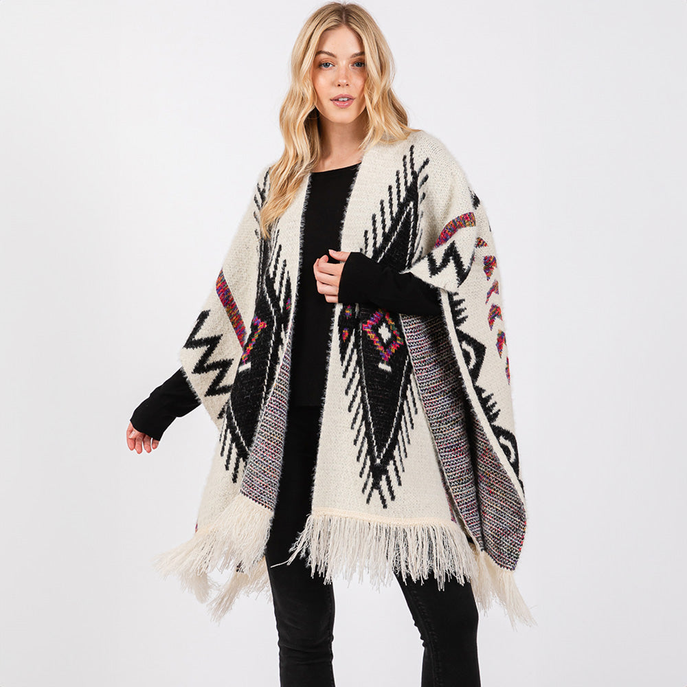Ivory Fuzzy Aztec Pattern Tassel Knit Ruana Poncho