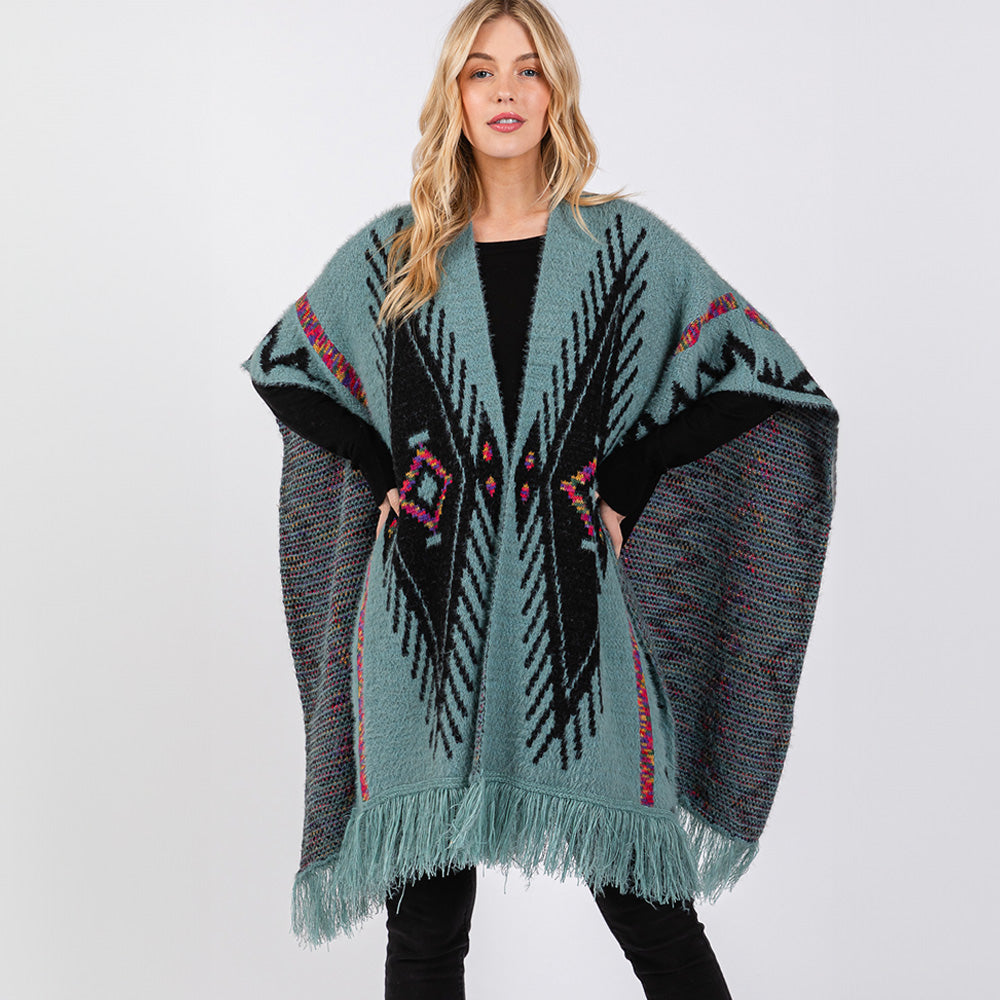 Teal Fuzzy Aztec Pattern Tassel Knit Ruana Poncho