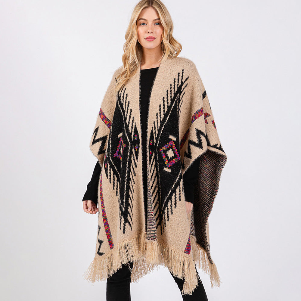 Taupe Fuzzy Aztec Pattern Tassel Knit Ruana Poncho