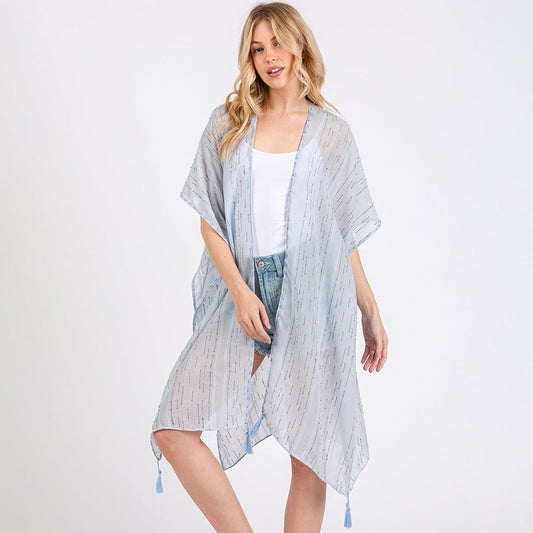Madeline Love Blue Colored Stitch Trip Tassel Kimono Poncho - Jewelry