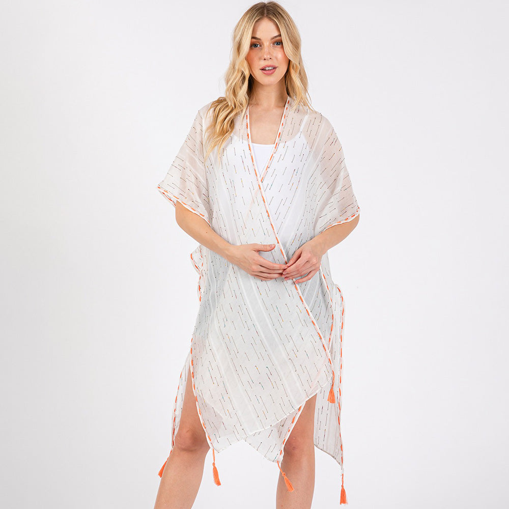 Madeline Love White Colored Stitch Trip Tassel Kimono Poncho - Jewelry