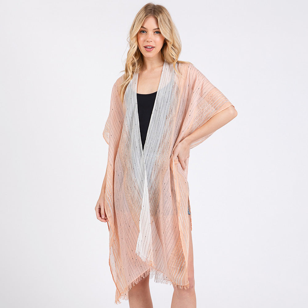 Madeline Love Coral Striped Two Tone Cover Up Kimono Poncho - Jewelry