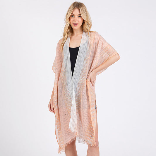 Madeline Love Coral Striped Two Tone Cover Up Kimono Poncho - Jewelry
