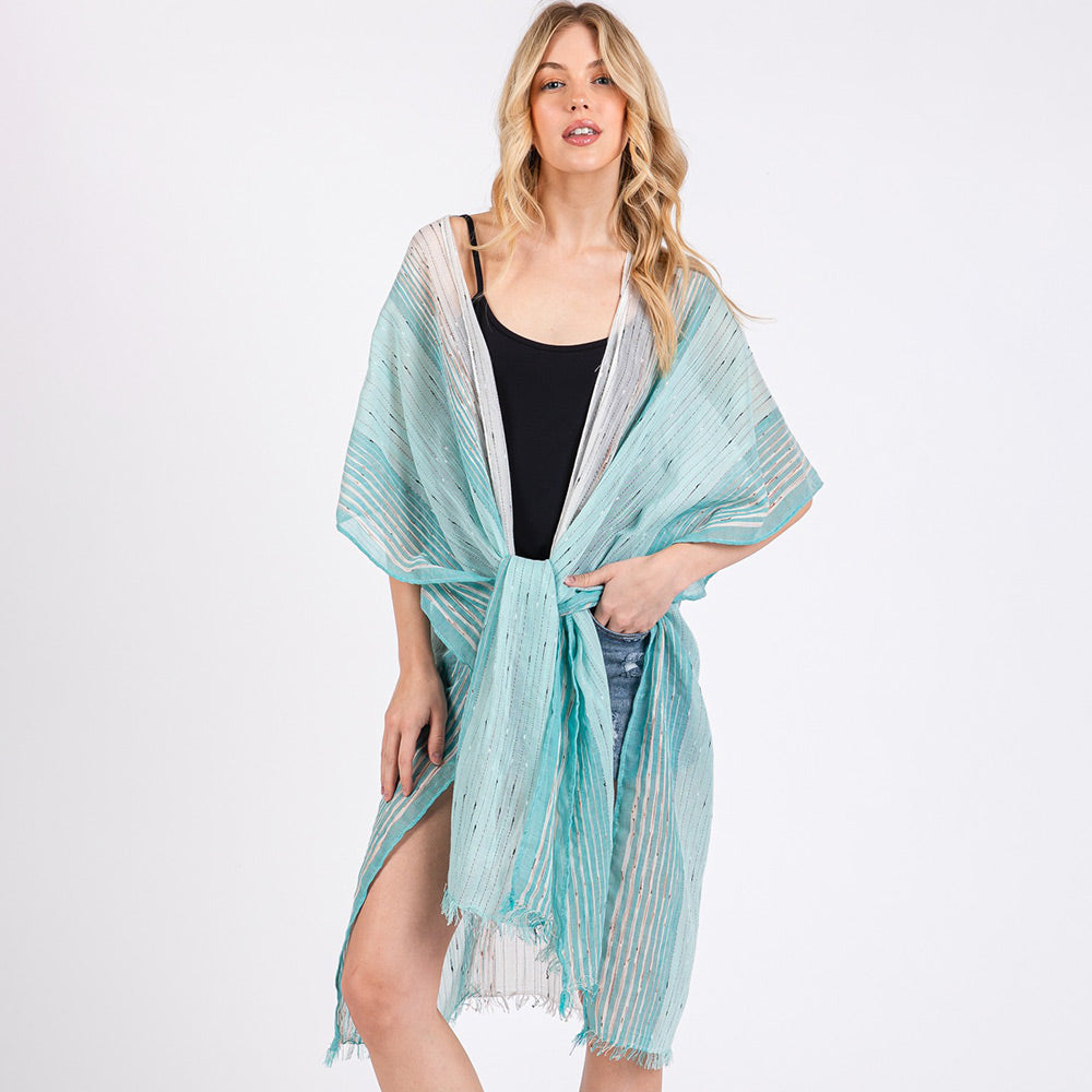 Madeline Love Mint Striped Two Tone Cover Up Kimono Poncho - Jewelry
