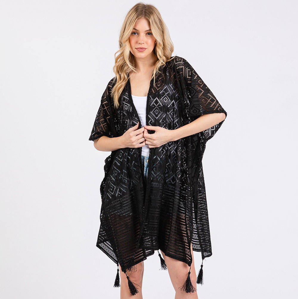 Madeline Love Black Geometric Pattern Tassel Cover Up Poncho - Hair Accessories