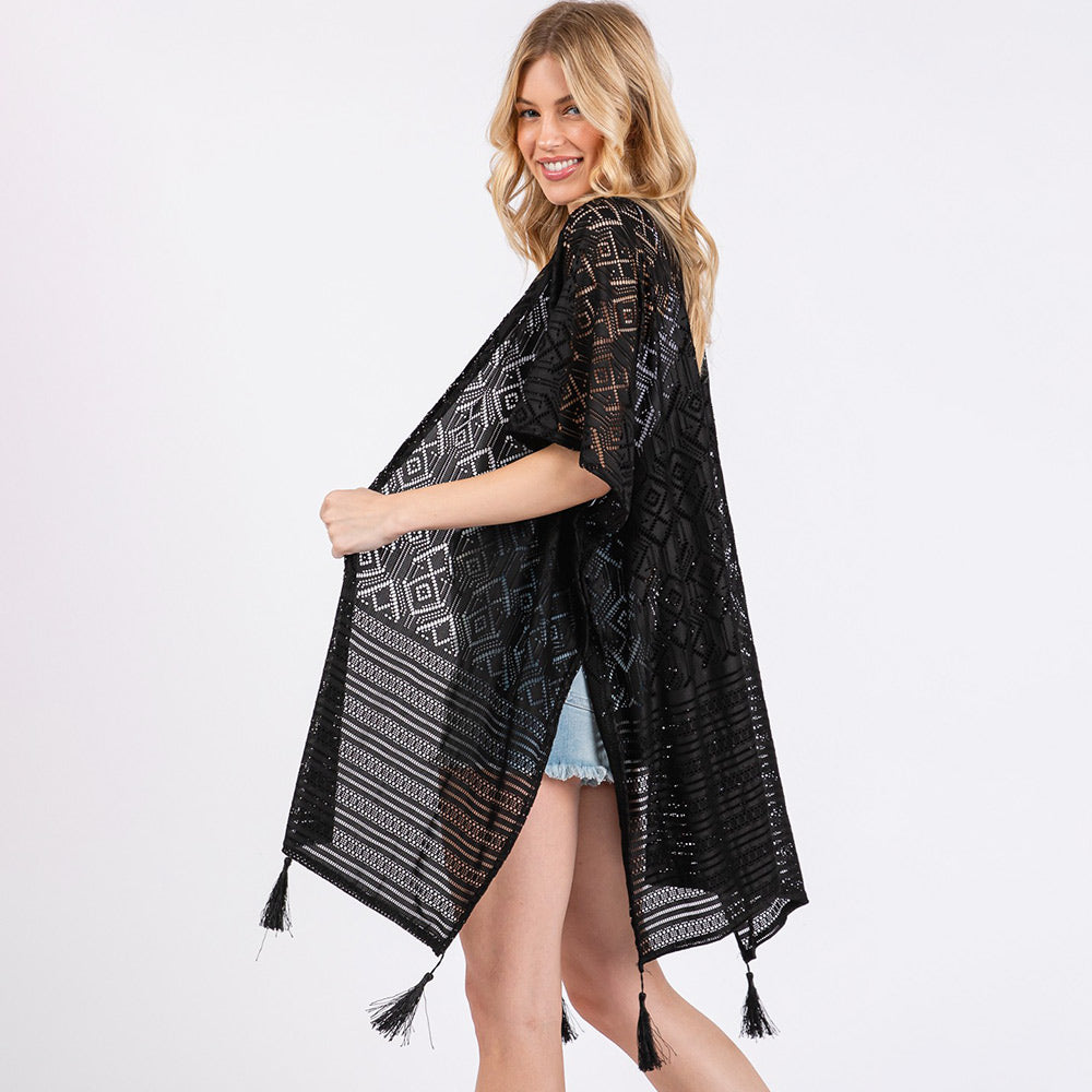 Madeline Love Black Geometric Pattern Tassel Cover Up Poncho - Hair Accessories - extra