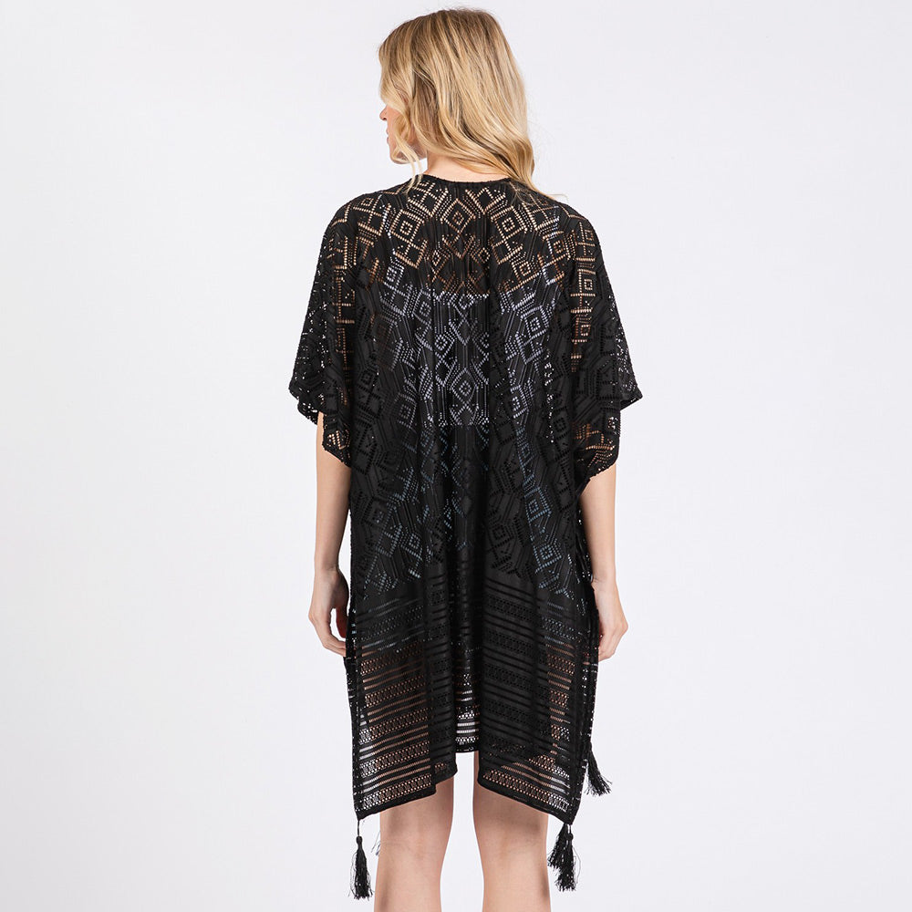 Madeline Love Black Geometric Pattern Tassel Cover Up Poncho - Hair Accessories - extra