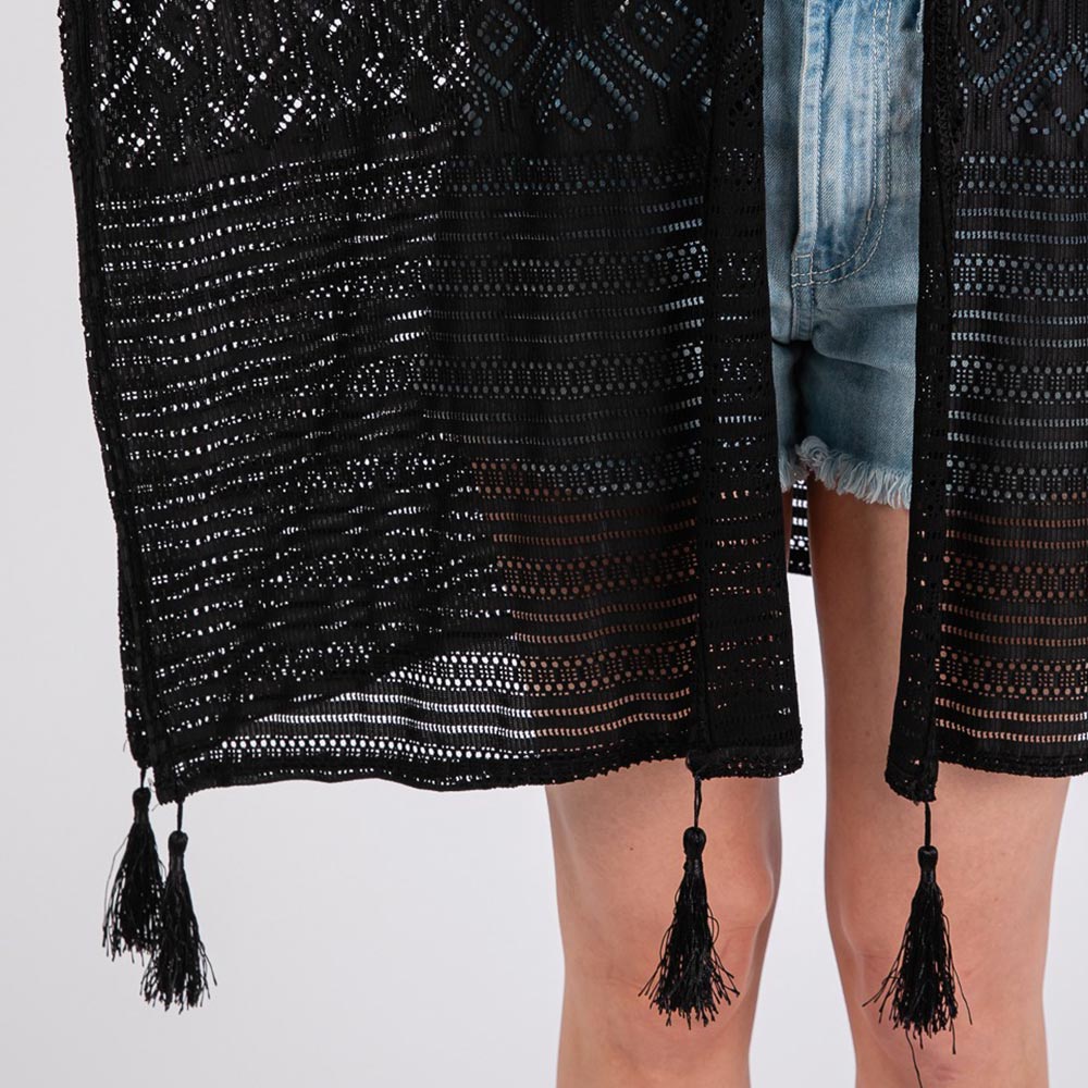 Madeline Love Black Geometric Pattern Tassel Cover Up Poncho - Hair Accessories - extra