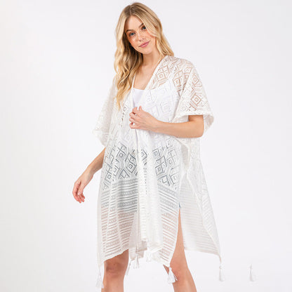 Madeline Love White Geometric Pattern Tassel Cover Up Poncho - Hair Accessories