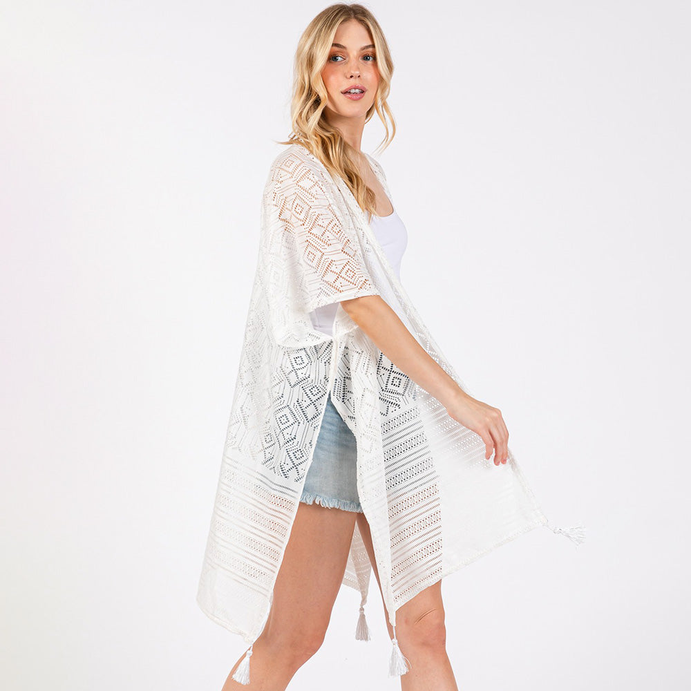 Madeline Love White Geometric Pattern Tassel Cover Up Poncho - Hair Accessories - extra
