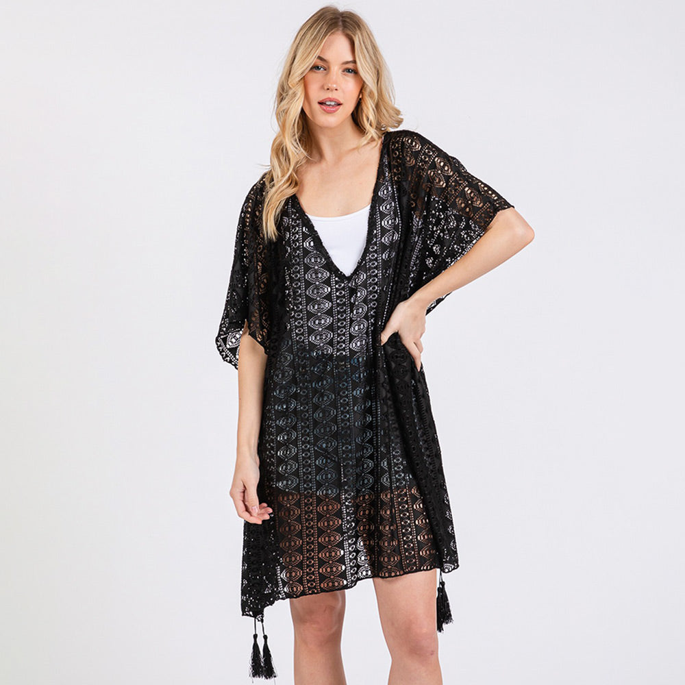 Madeline Love Black Crochet Lace Tassel Cover Up Poncho - Hair Accessories