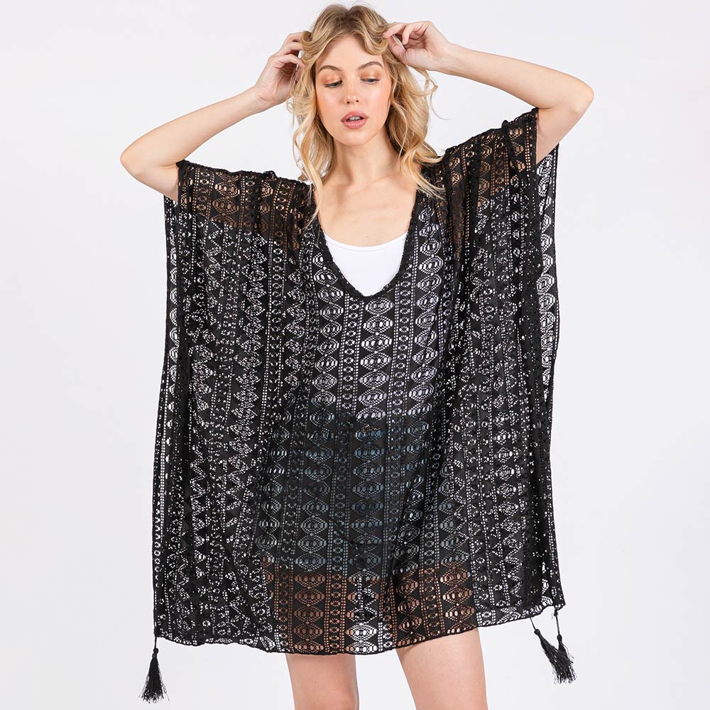 Madeline Love Black Crochet Lace Tassel Cover Up Poncho - Hair Accessories - extra