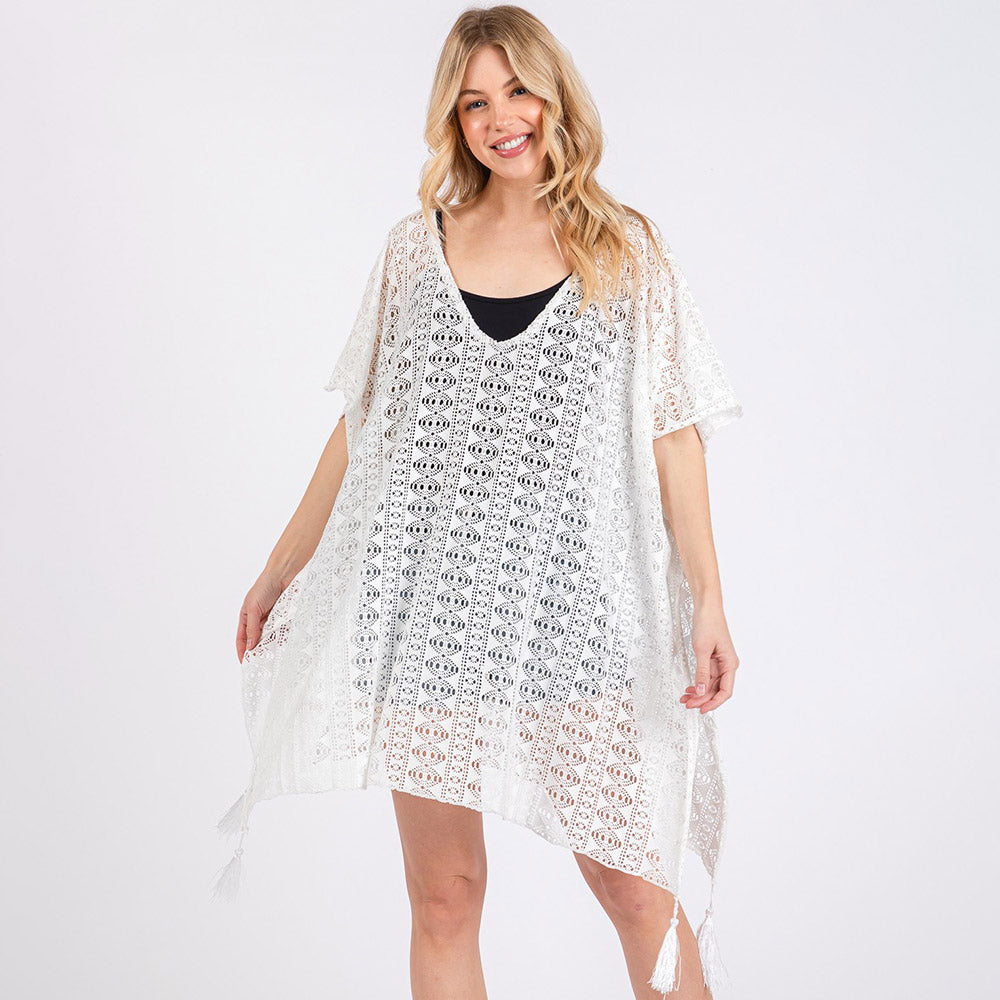 Madeline Love White Crochet Lace Tassel Cover Up Poncho - Hair Accessories