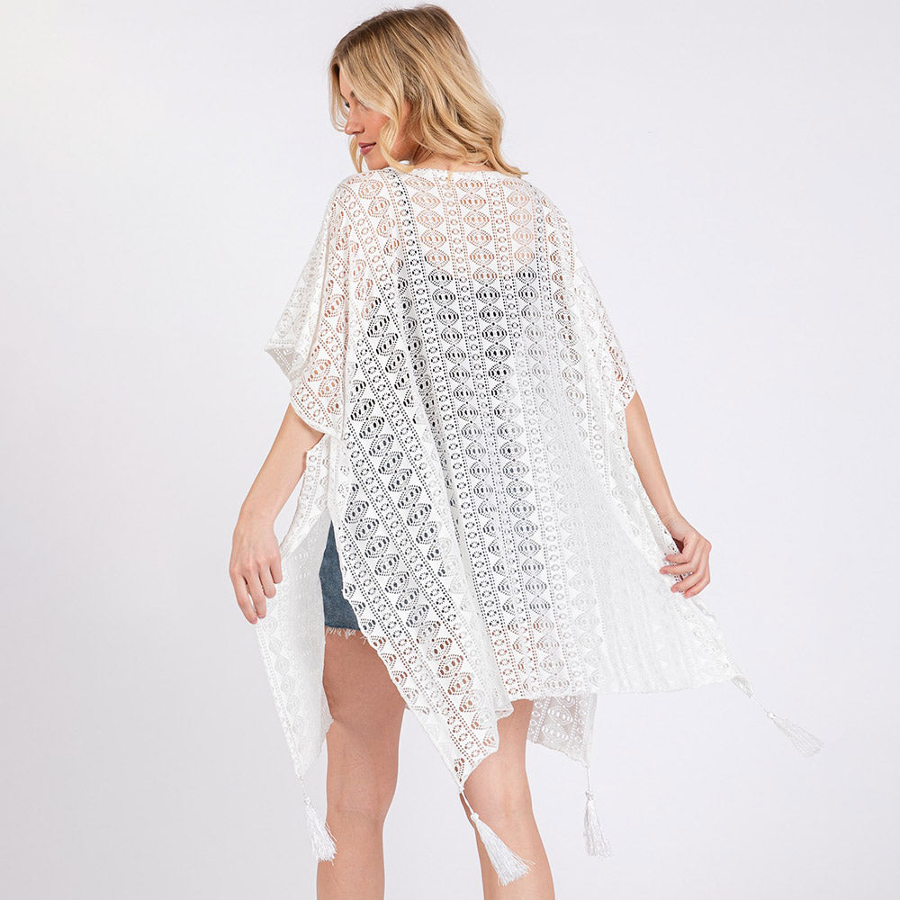 Madeline Love White Crochet Lace Tassel Cover Up Poncho - Hair Accessories - extra