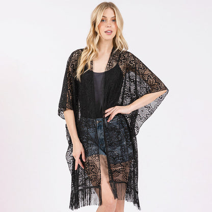 Madeline Love Black Flower Pattern Crochet Lace Tassel Cover Up Poncho - Hair Accessories